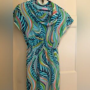LILLY PULITZER HARLOW DRESS SEA ME SILK COWL NECK TURQUOISE